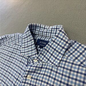 Eton Contemporary Shirt 41 16 Button Up Long Sleeve Blue Check Cotton Silk Blend